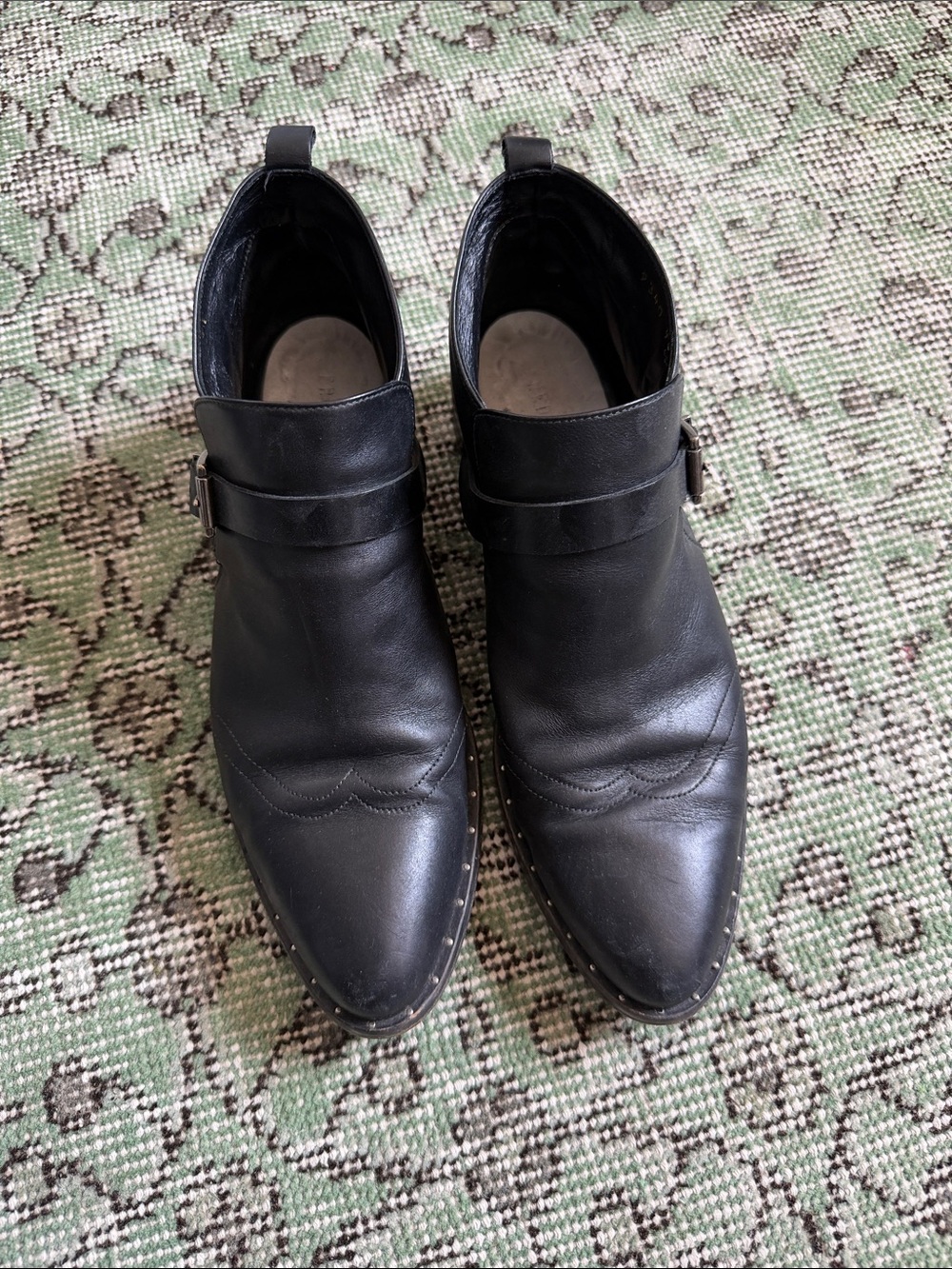 Freda Salvador Black Leather Pointed Ankle Booties with Studded Trim